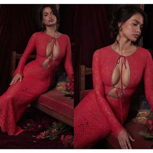 HOUSE‎ OF CB 'Lisandra' Red Lace Maxi Dress NWOT Size XS - Picture 1 of 11